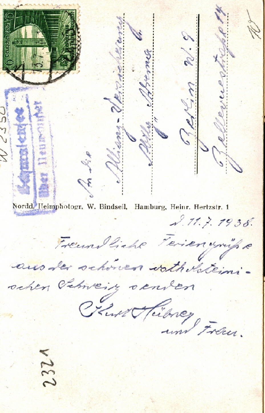 1938 Partie am Schmalensee R�ckseite An die Allianz-Versicherung Berlin W 9, Bellevuestra�e 14 