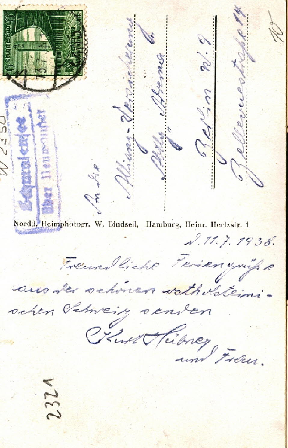 1938 Partie am Schmalensee R�ckseite An die Allianz-Versicherung Berlin W 9, Bellevuestra�e 14 