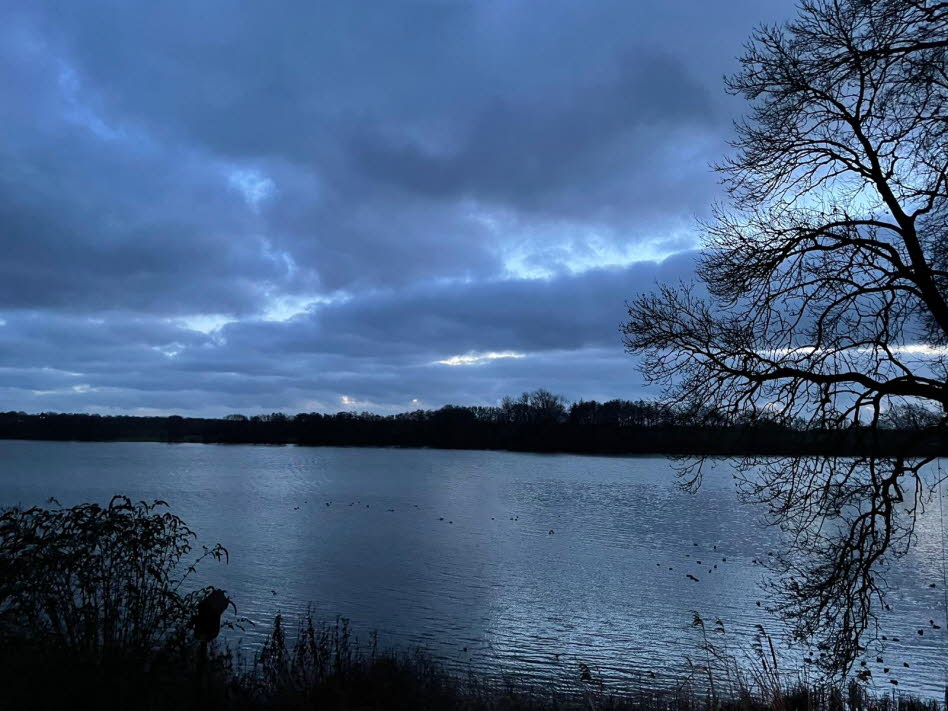 Blick aus dem Ferienhaus auf den Schmalensee an einem Winterabend